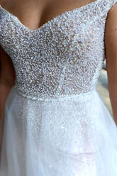 White Beaded Backless Mermaid Wedding Dress with Detached Train